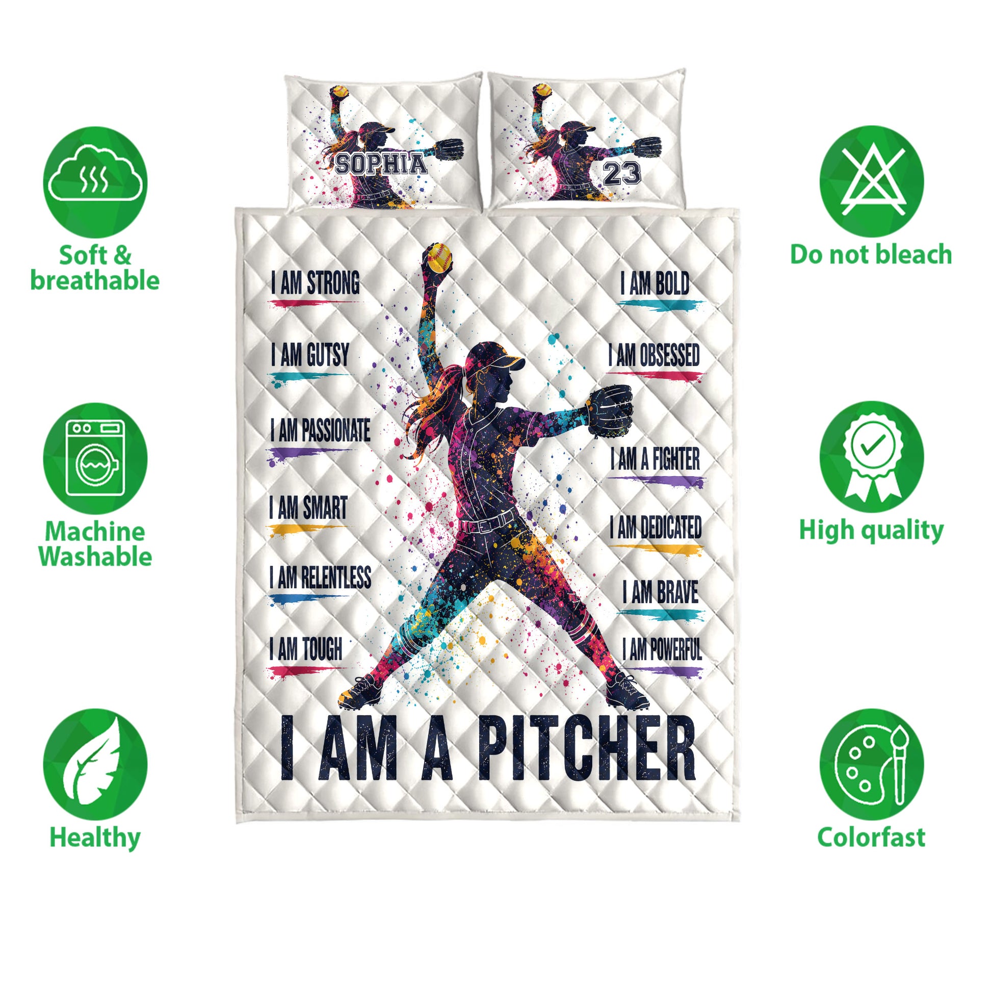 Softball quilt bedding set shown with colorful pitcher artwork, quilted texture, and product feature icons