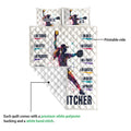 Softball quilt blanket detail showing the printed side, quilted white backing, and colorful pitcher artwork