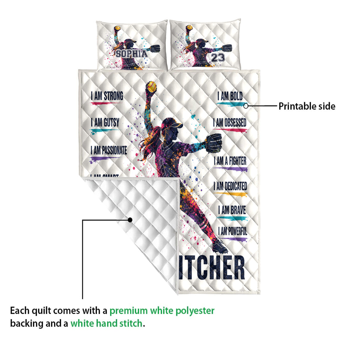 Softball quilt blanket detail showing the printed side, quilted white backing, and colorful pitcher artwork