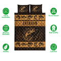 Fishing quilt bedding set with bass artwork shown alongside softness, washability, quality, and colorfast feature icons