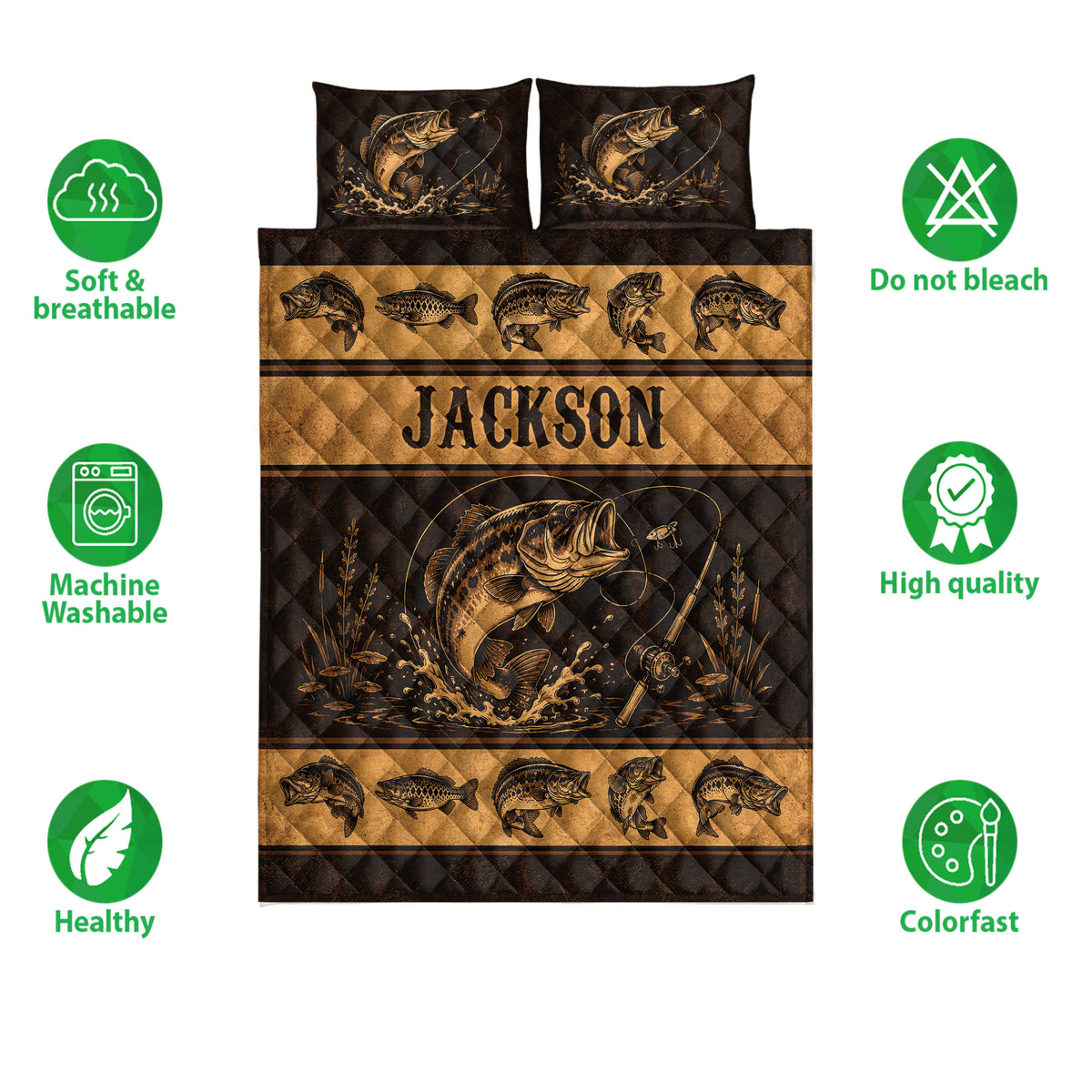 Fishing quilt bedding set with bass artwork shown alongside softness, washability, quality, and colorfast feature icons