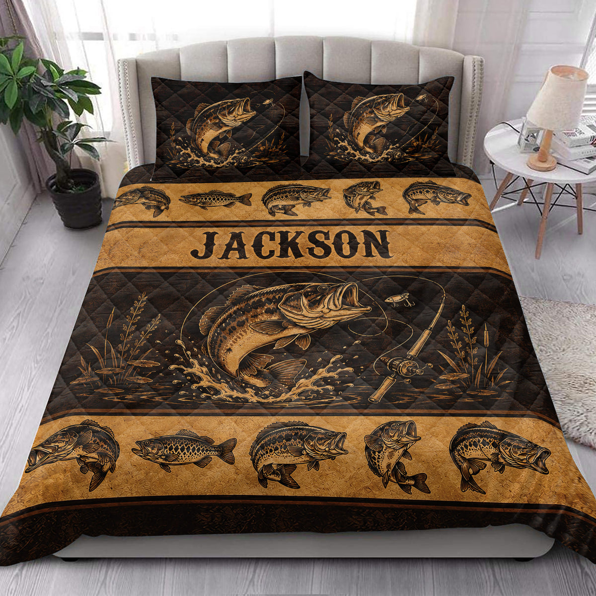 Fishing quilt bedding styled in a bright bedroom with bass artwork, fishing gear, and black and gold bedroom decor