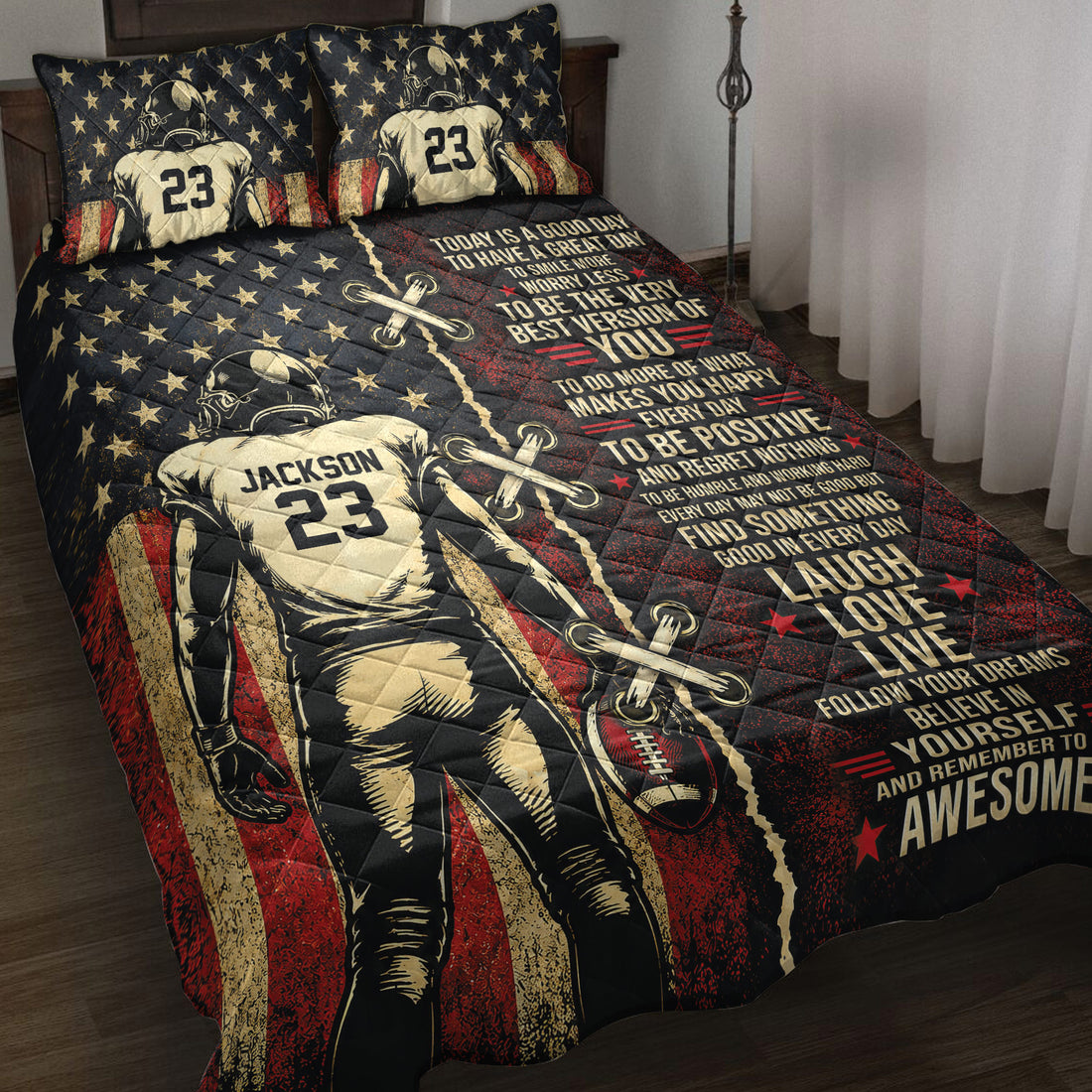 American football quilt bedding set displayed on a bed with players, stars, red accents, and motivational artwork
