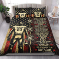 American football quilt bedding displayed in a bright bedroom with player artwork, stars, red accents, and bold text
