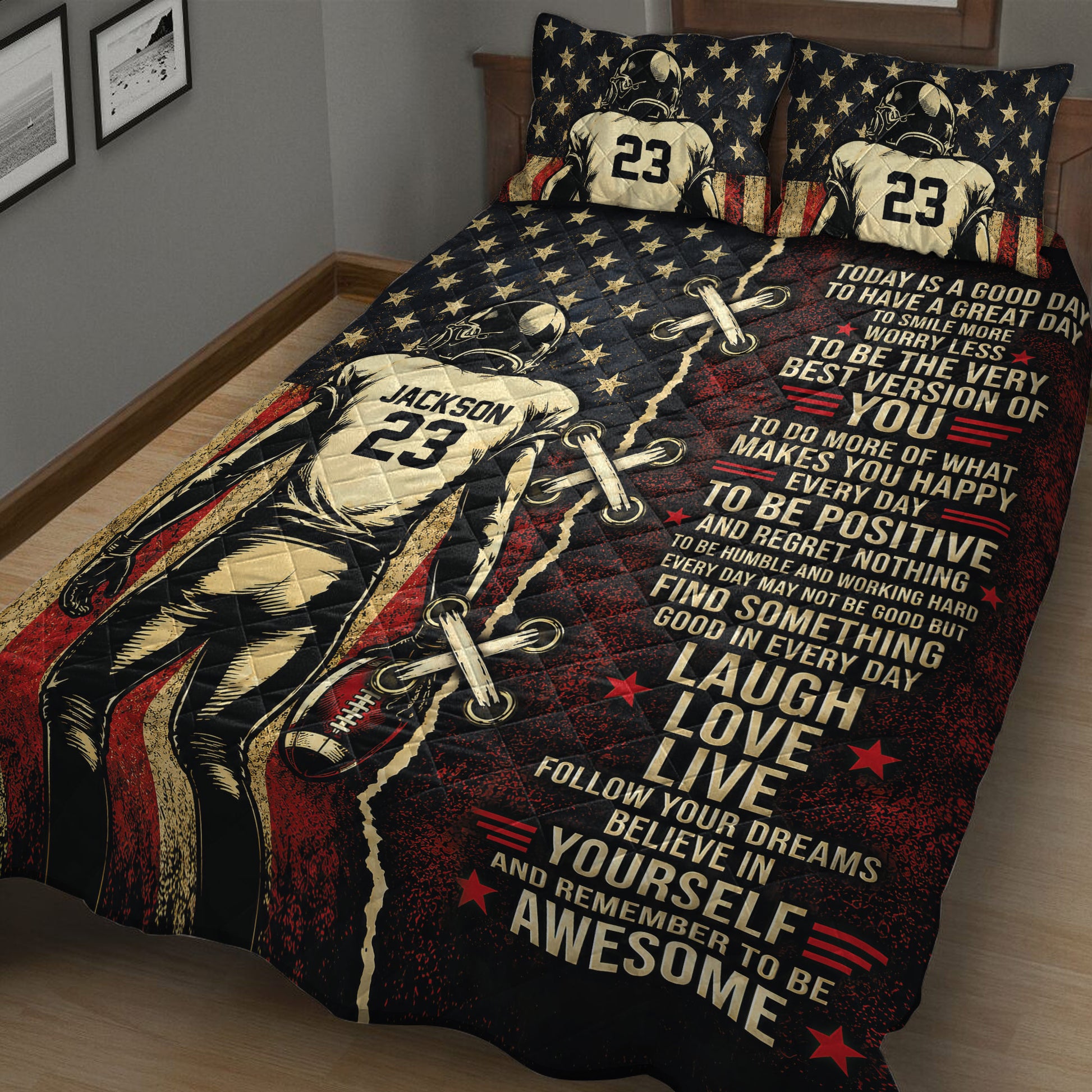 Close bedroom view of an American football quilt blanket with player artwork, star details, red stripes, and motivational text