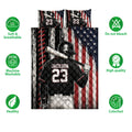 Baseball quilt bedding set shown with batter artwork and icons highlighting softness, breathability, washing, and color