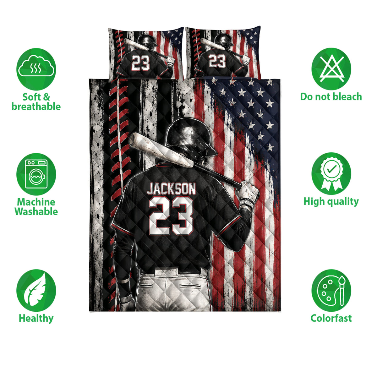 Baseball quilt bedding set shown with batter artwork and icons highlighting softness, breathability, washing, and color