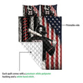 Baseball quilt showing the printed front design and white quilted backing in a product construction detail view