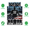 Hockey quilt bedding set shown front-facing with rink artwork, player silhouettes, ice action, and red, white, and blue accents