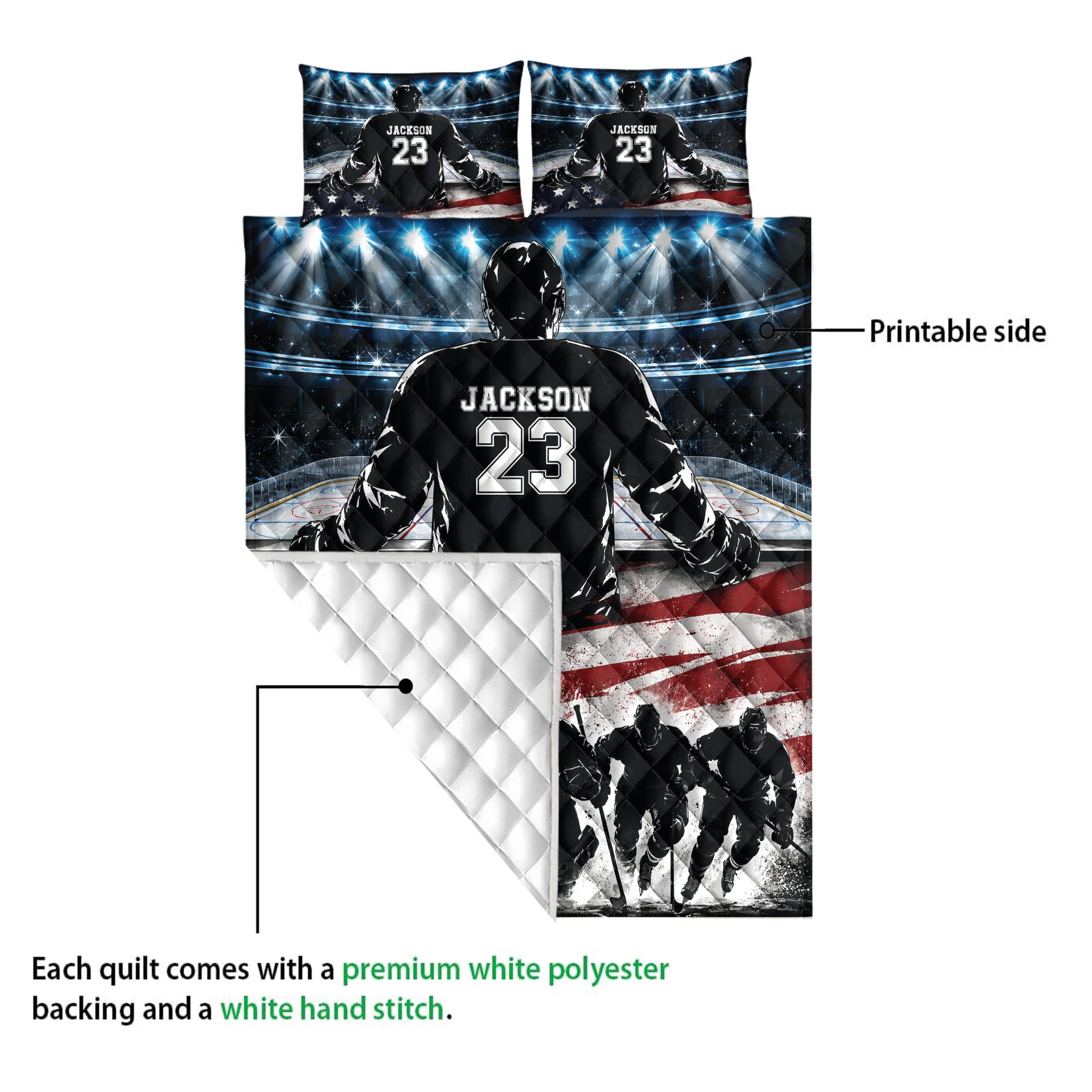 Hockey quilt blanket detail showing the printed front, quilted backing, rink scene, player artwork, and patriotic color palette