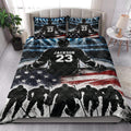 Hockey quilt bedding styled in a bedroom with illuminated rink artwork, ice players, sticks, and bold red, white, and blue details