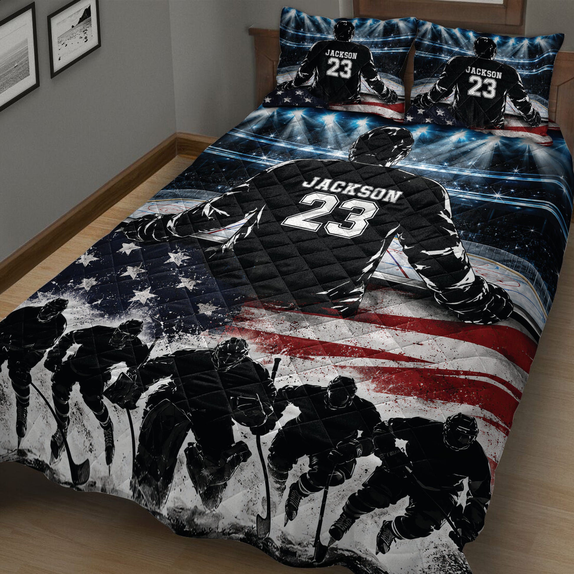Hockey quilt blanket shown in a bedroom with dramatic arena lights, ice rink artwork, hockey players, and patriotic stripes