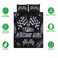 Racing quilt bedding set with crossed checkered flags and black, pink, and blue artwork shown with feature icons