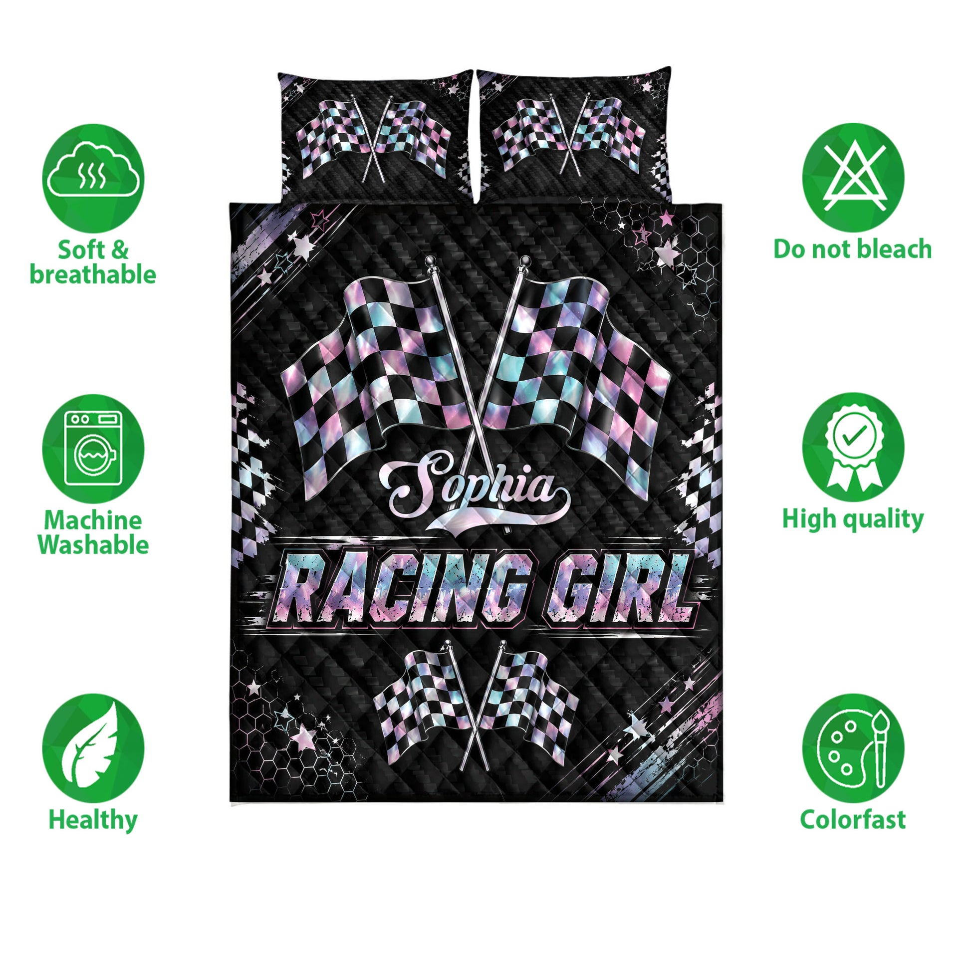 Racing quilt bedding set with crossed checkered flags and black, pink, and blue artwork shown with feature icons