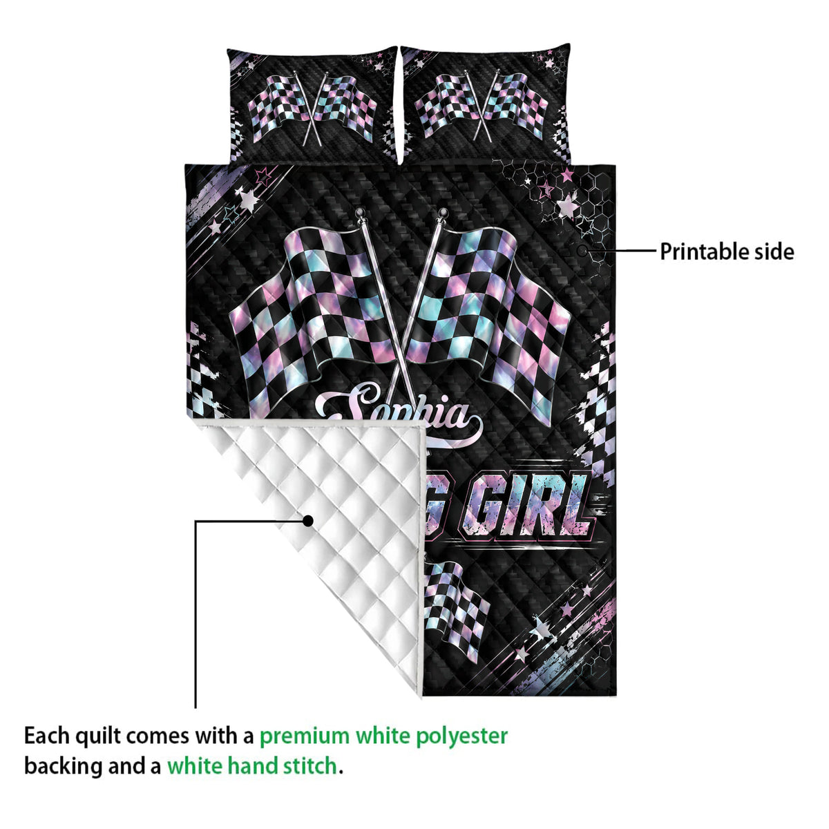 Racing quilt blanket showing the printed flag design and white diamond-stitched reverse side