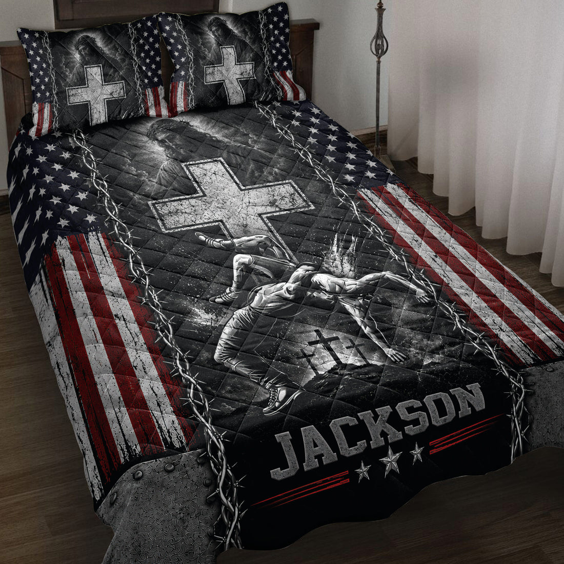 Wrestling quilt blanket displayed on a bed with patriotic stars and stripes artwork