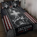 Wrestling quilt blanket displayed on a bed with patriotic stars and stripes artwork