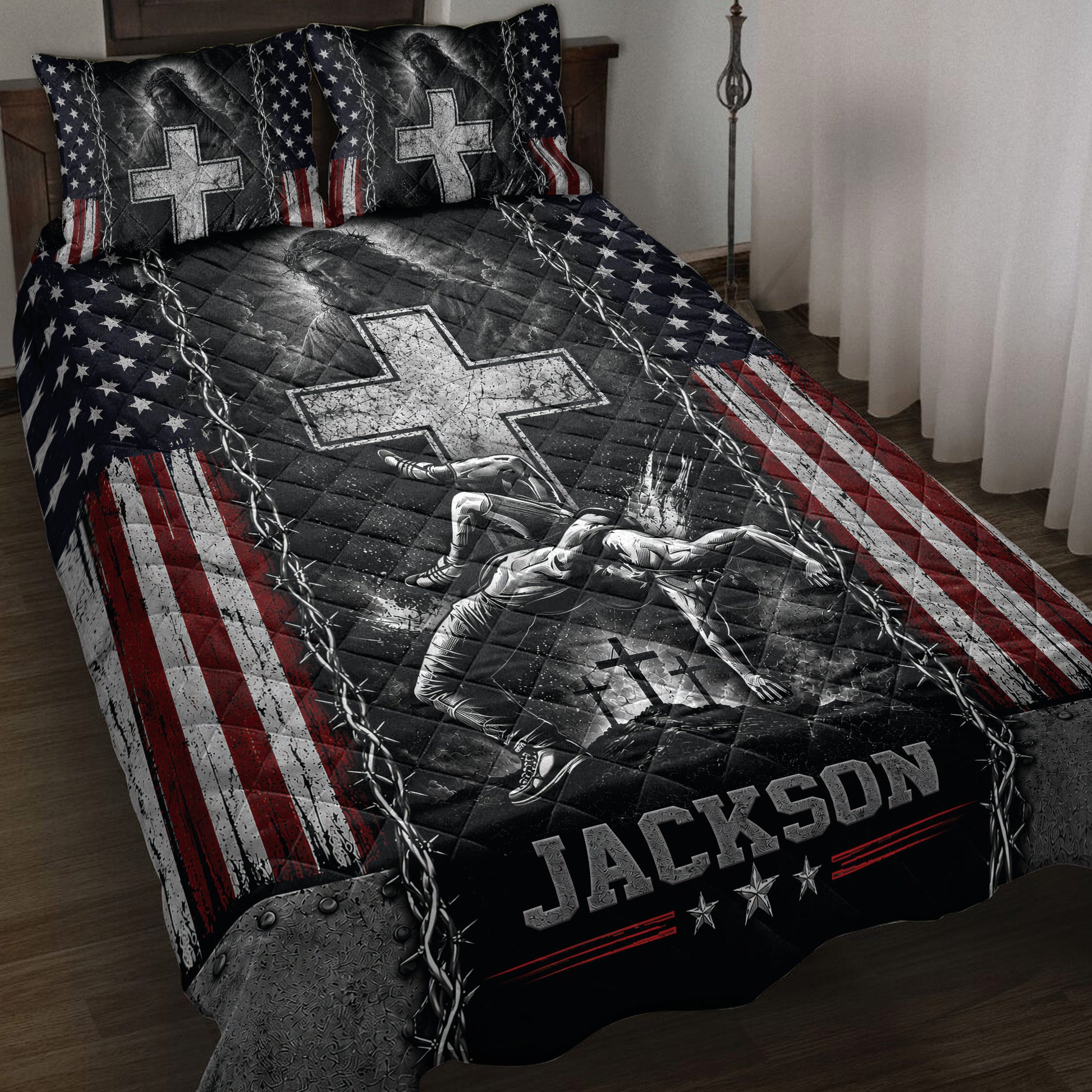 Wrestling quilt blanket displayed on a bed with patriotic stars and stripes artwork