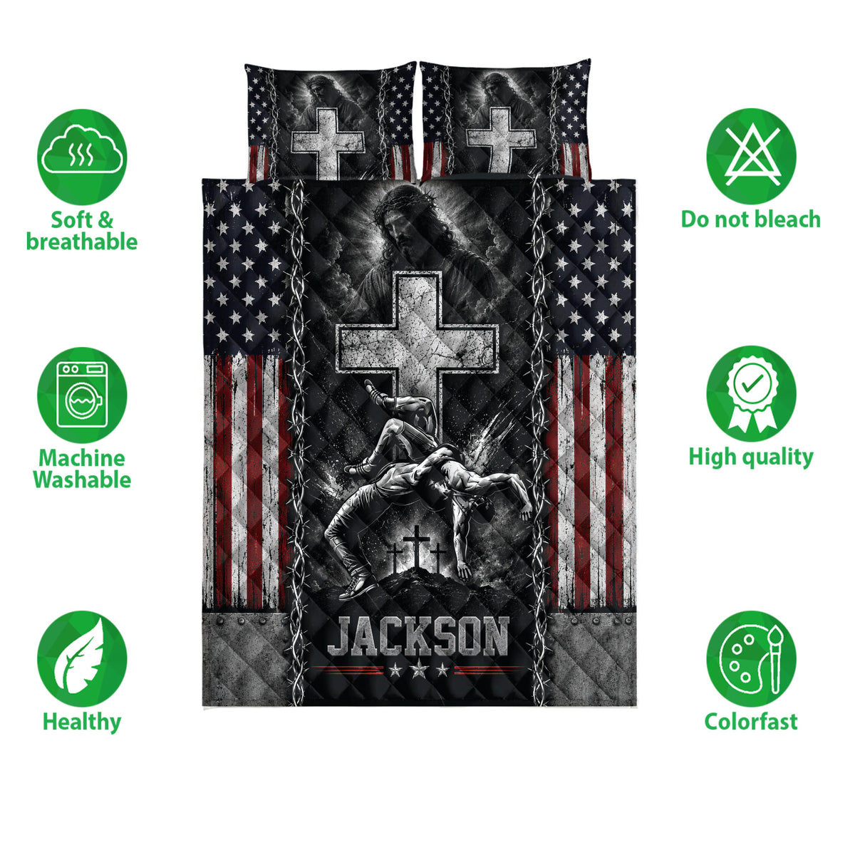 Wrestling quilt bedding set shown with grappling artwork, patriotic colors, and product feature icons