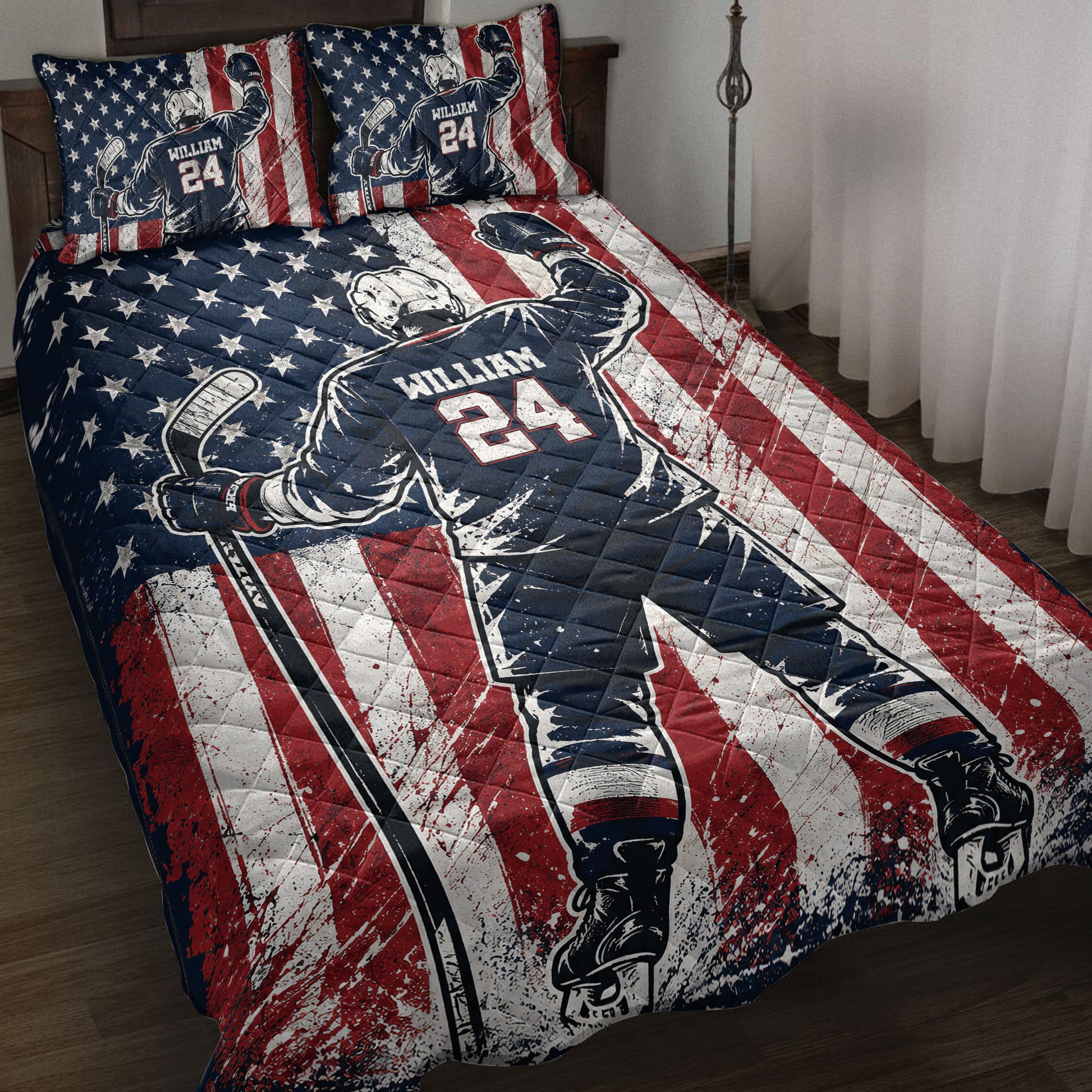 Hockey quilt blanket bedding set displayed on a bed with patriotic stars and stripes artwork