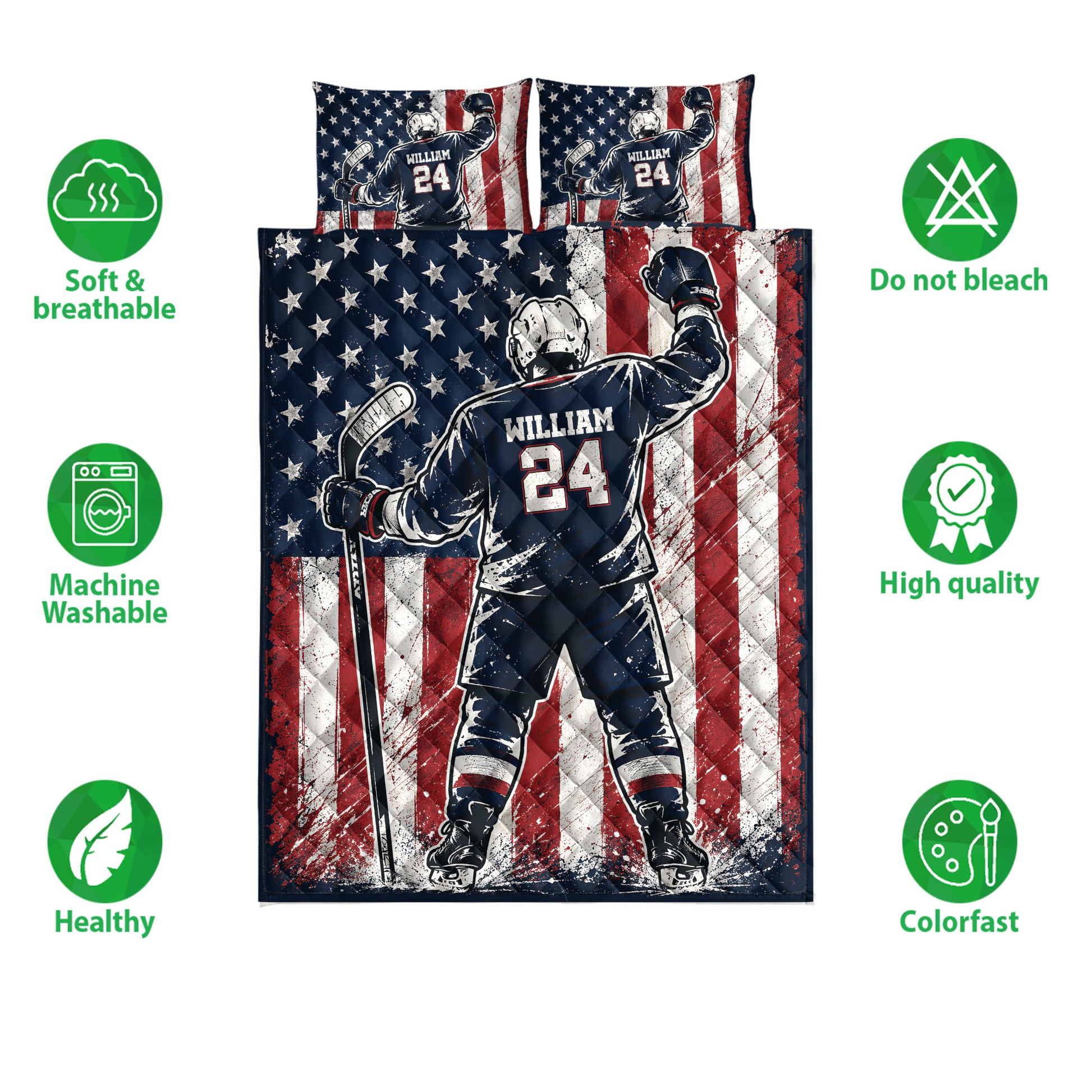 Hockey player quilt bedding set shown with patriotic artwork and soft, breathable care icons