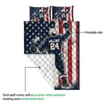 Hockey quilt blanket showing the printed front and white quilted backing in a detail view
