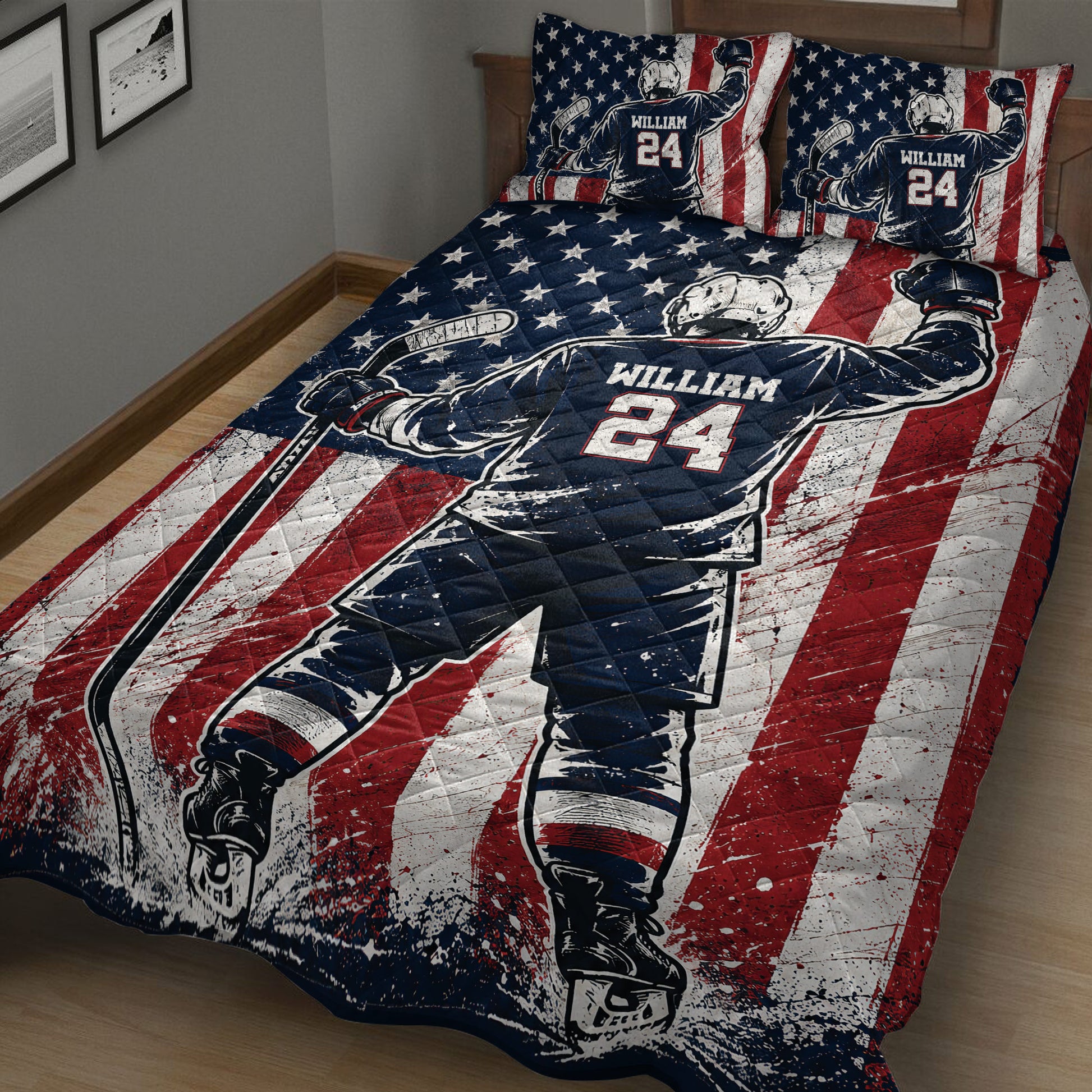 Hockey player quilt blanket displayed across a bed with stars, stripes and action-inspired artwork