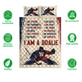Hockey quilt bedding set shown flat with action player artwork, red and navy graphics, and product feature icons