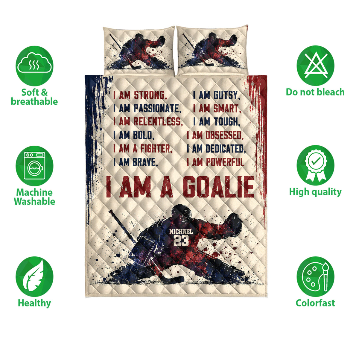 Hockey quilt bedding set shown flat with action player artwork, red and navy graphics, and product feature icons