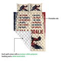 Close detail of hockey quilt blanket showing the printed action scene, motivational sports design, and quilted backing