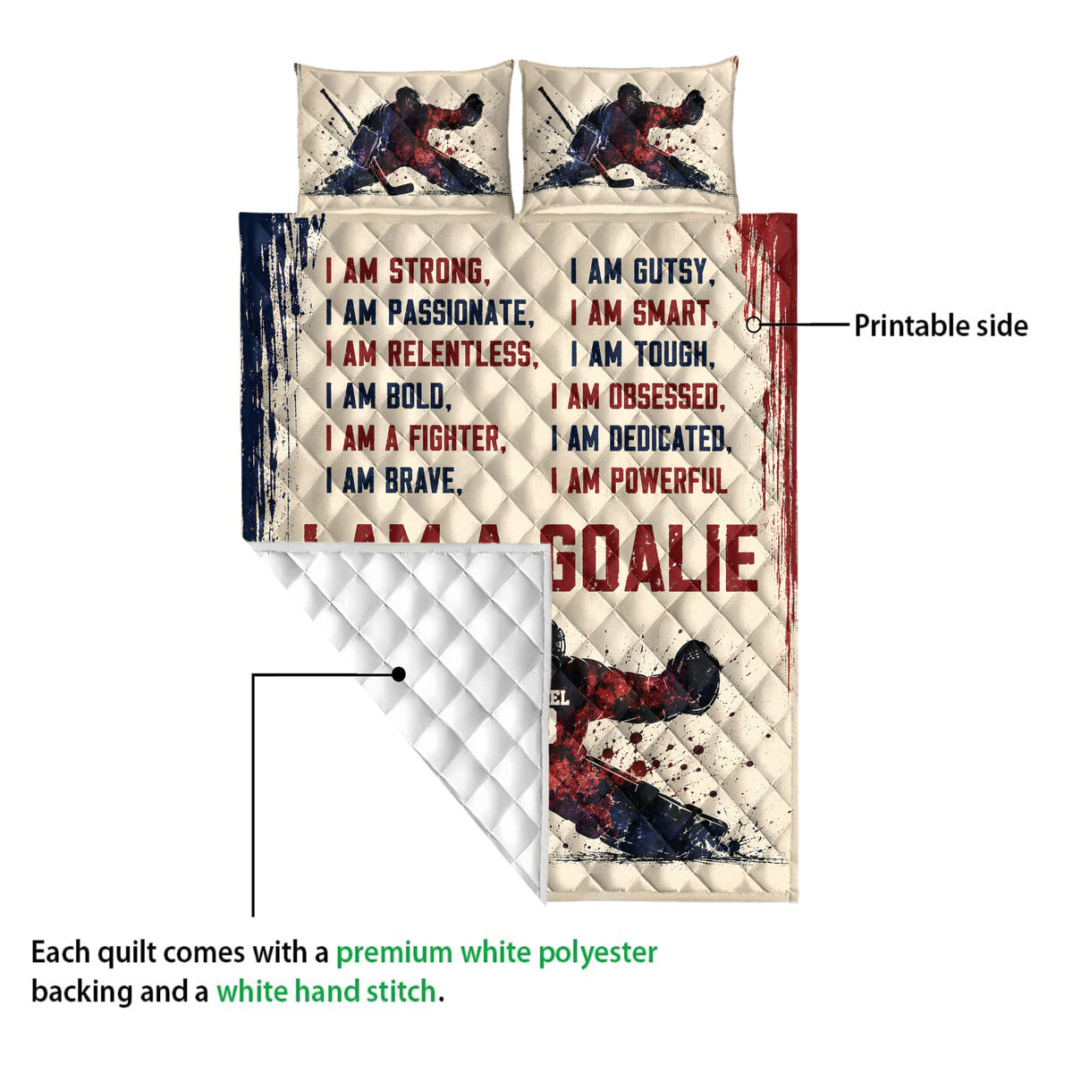 Close detail of hockey quilt blanket showing the printed action scene, motivational sports design, and quilted backing