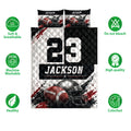 Football quilt bedding set shown with coordinating football artwork and a feature graphic highlighting softness and care icons