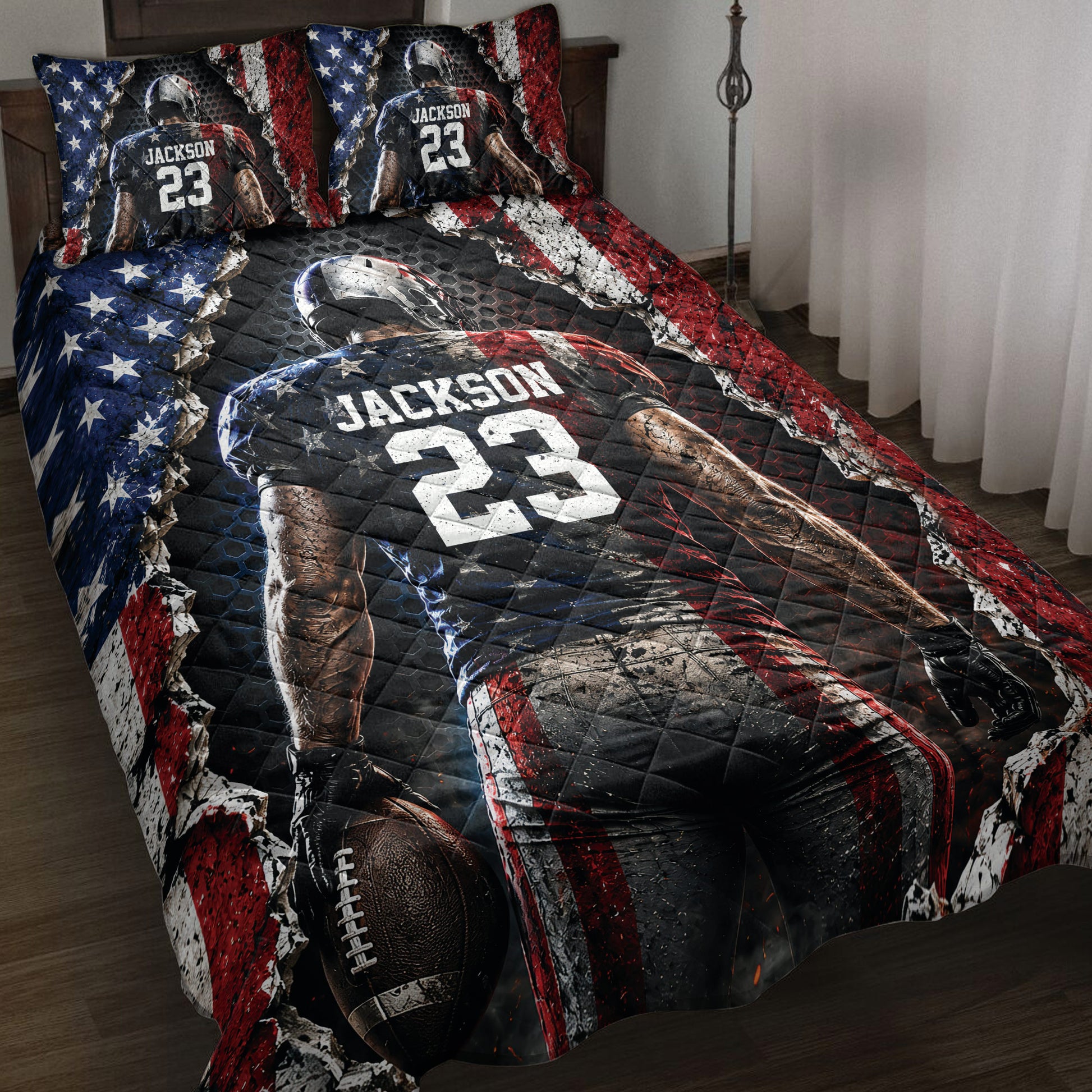 American football quilt blanket displayed on a bed with helmeted player artwork and patriotic red, white, and blue design