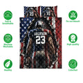 American football quilt bedding set product display with helmeted player artwork and illustrated feature icons