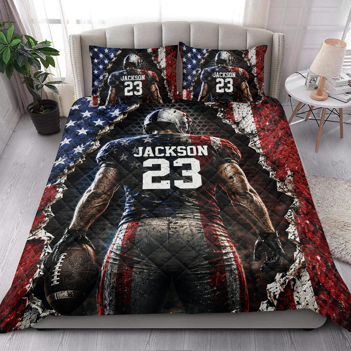 American football quilt bedding styled in a bedroom with bold player artwork and patriotic sports colors