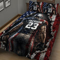 Close-up American football quilt blanket featuring a helmeted player, football, stars, and distressed red and blue artwork