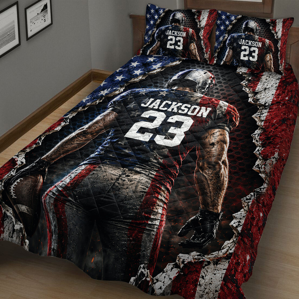 Close-up American football quilt blanket featuring a helmeted player, football, stars, and distressed red and blue artwork
