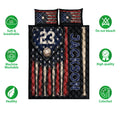 Baseball quilt bedding set shown with flag-inspired artwork, baseball bats, stars, and product feature icons