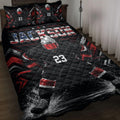 Black and red hockey quilt blanket displayed on a bed with helmeted ice hockey player artwork