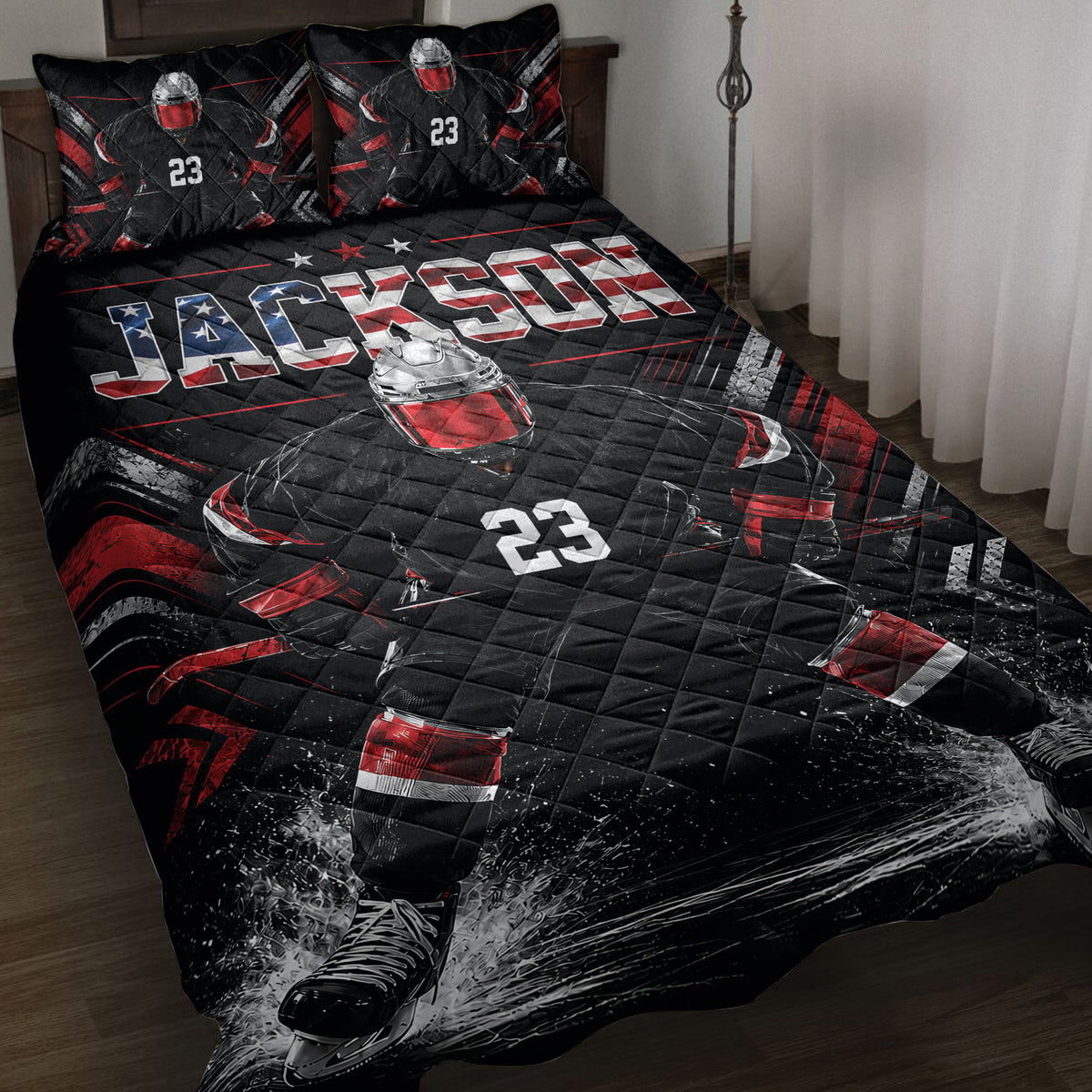 Black and red hockey quilt blanket displayed on a bed with helmeted ice hockey player artwork