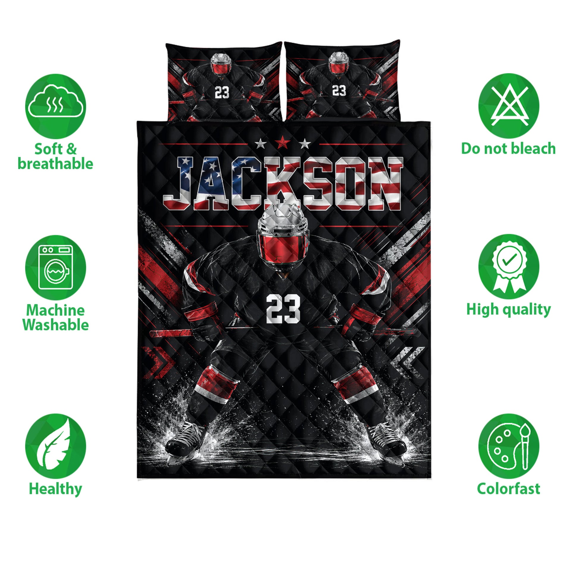 Ice hockey quilt bedding set with black, red, white, and blue player artwork