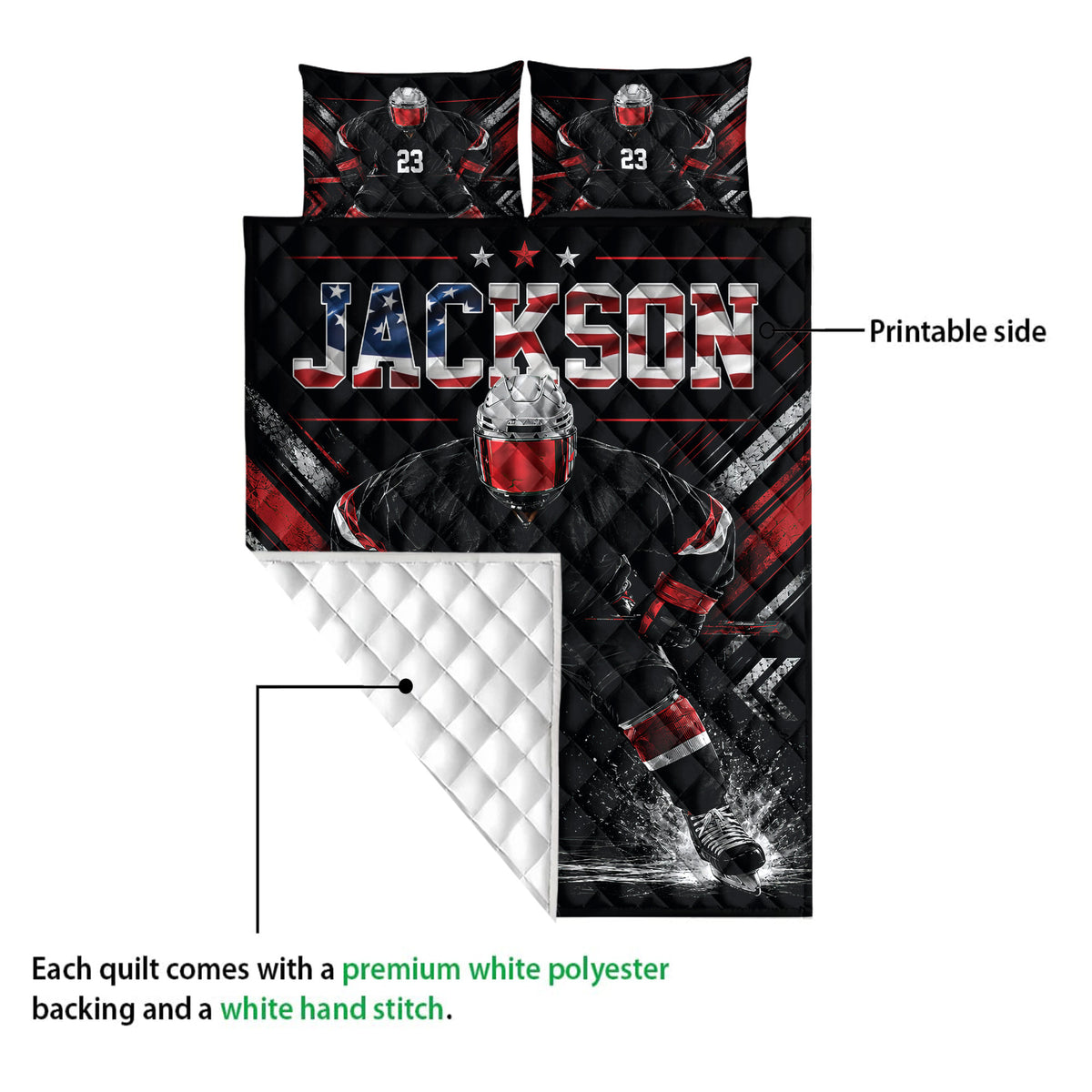 Hockey quilt showing a vivid printed front and white quilted backing