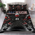 Ice hockey quilt blanket styled in a bedroom with bold black and red sports artwork