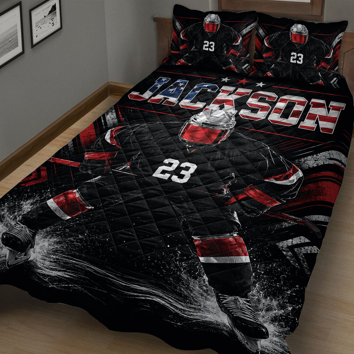 Close view of hockey player quilt blanket with skates, ice spray, and patriotic colors