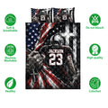 American football quilt bedding set with patriotic artwork, helmeted player graphic, and product feature icons