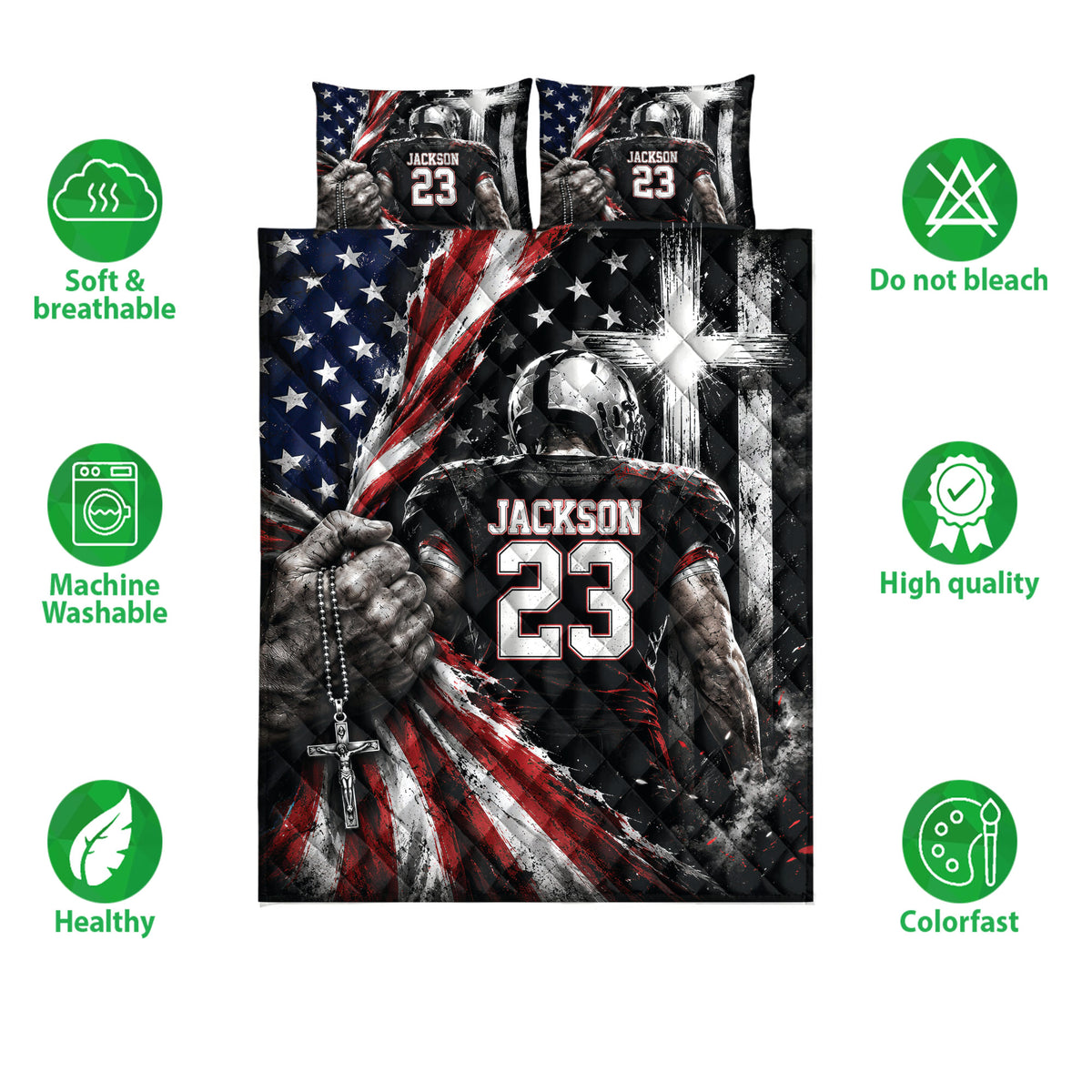 American football quilt bedding set with patriotic artwork, helmeted player graphic, and product feature icons