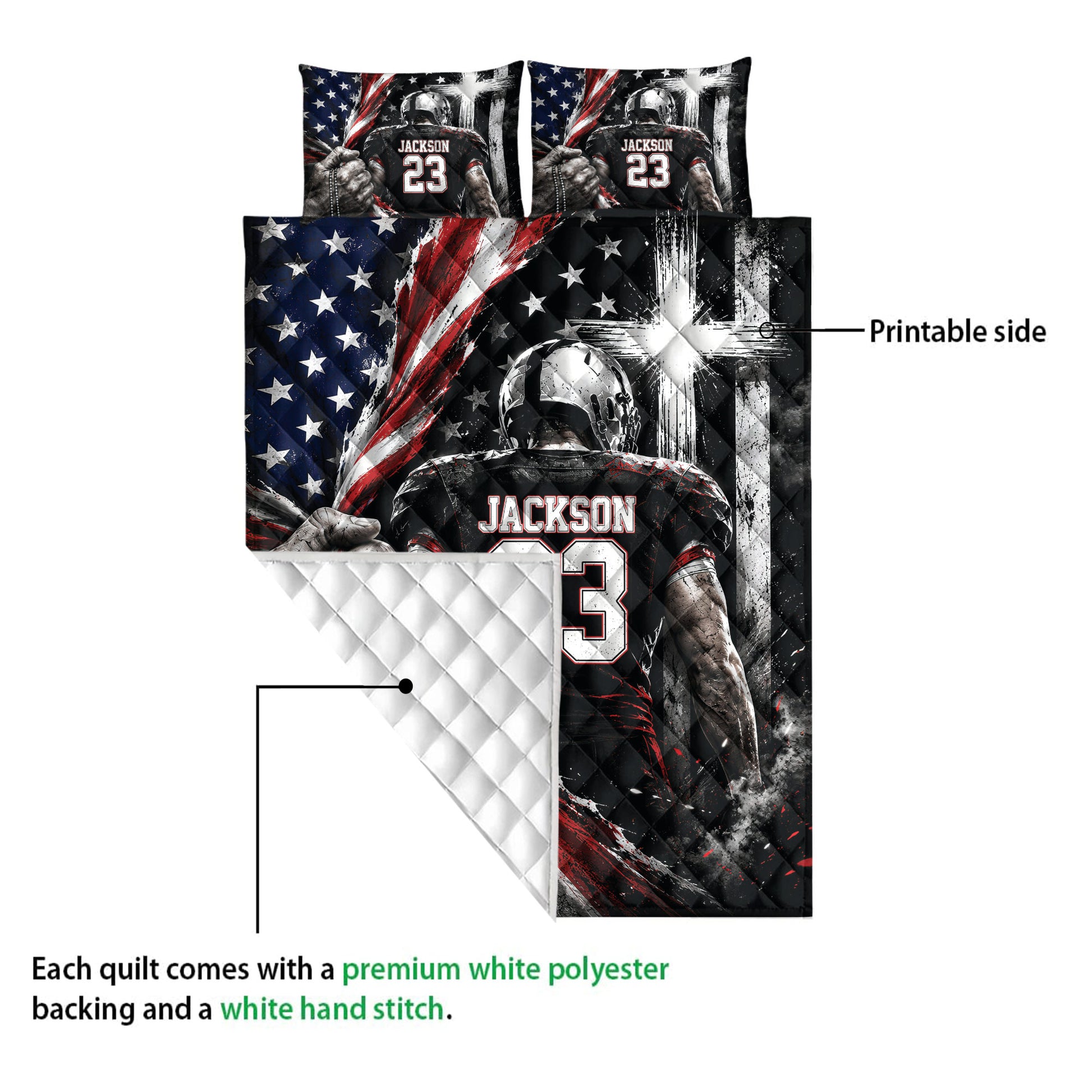 American football quilt showing the printed front artwork and white quilted backing in a product detail view
