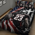 Close view of American football quilt bedding with a helmeted player, patriotic stars, and bold black and red artwork