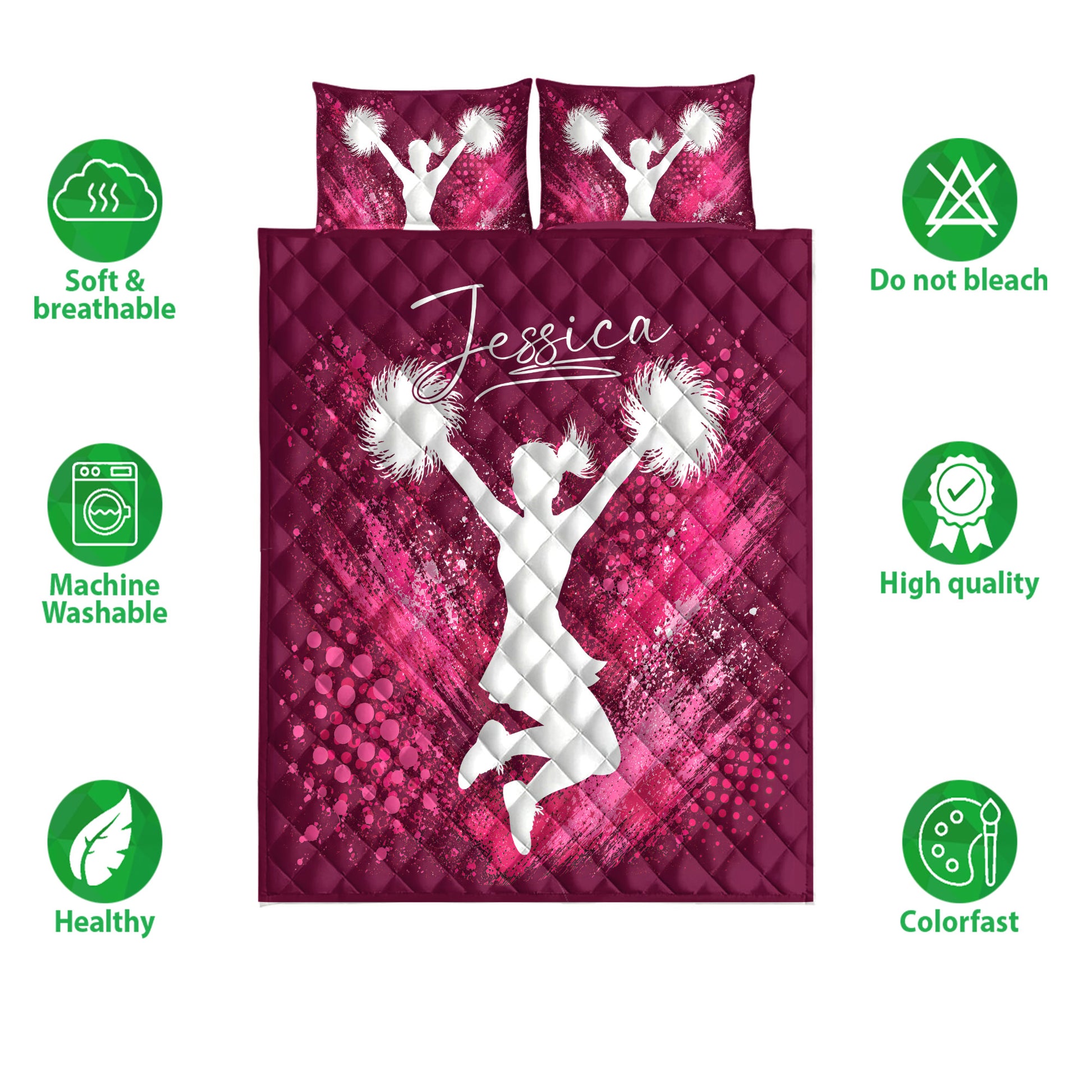 Cheerleading quilt bedding set shown flat with pink splatter artwork, cheerleader silhouettes, and feature icons