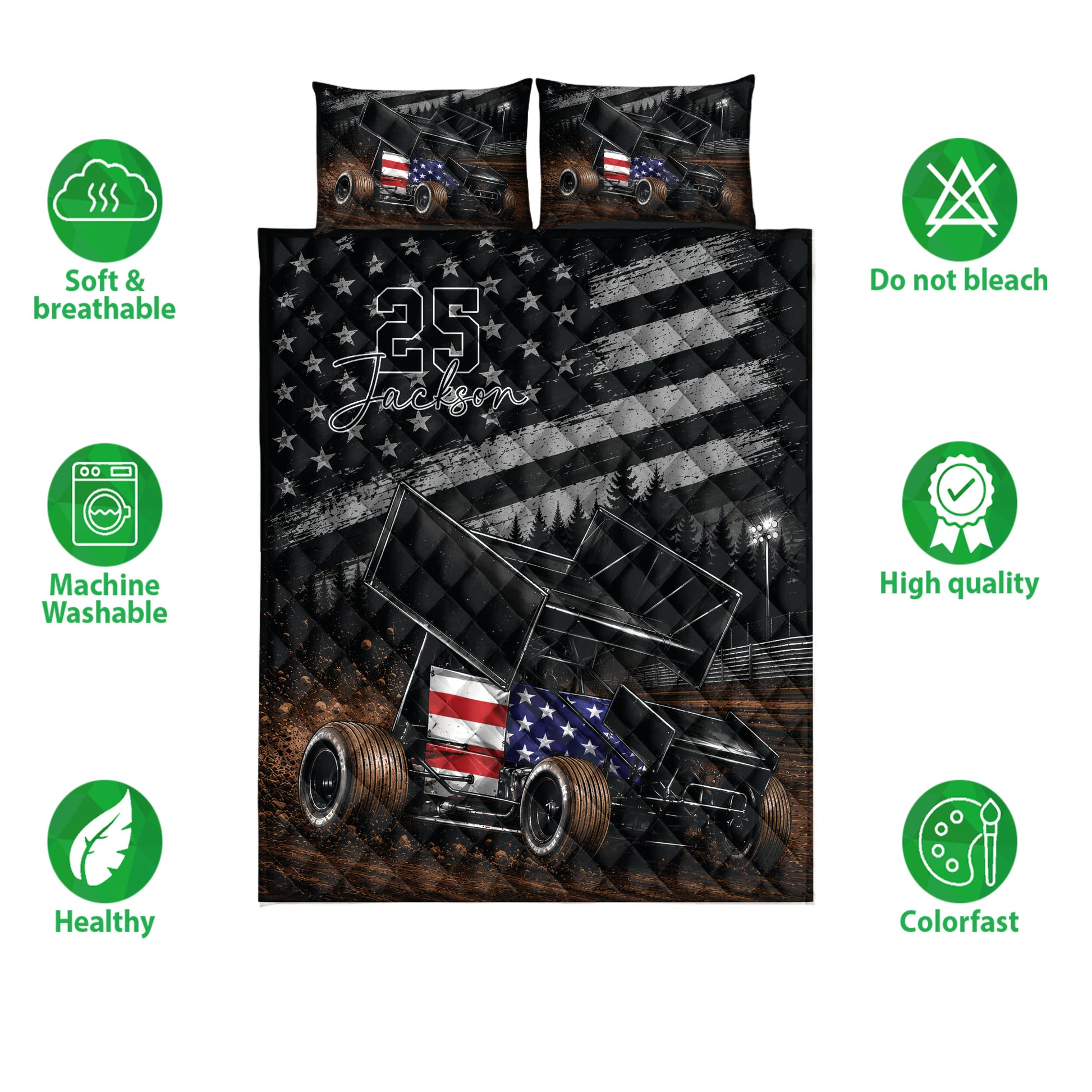 Dirt track racing quilt bedding set with sprint car artwork, star-spangled graphics, and product feature icons